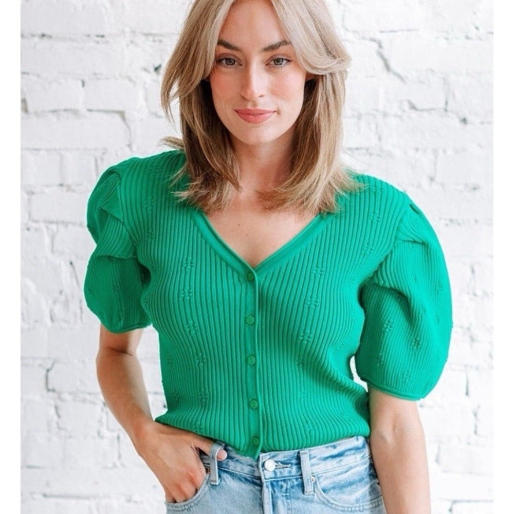 Endless‎ Rose Puff Sleeve Cardigan Sweater Women's Large Buttons Green NWT